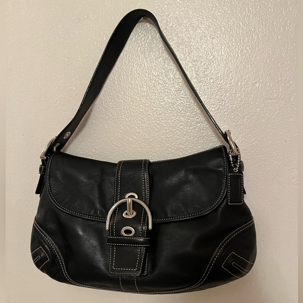 Coach Black Leather Shoulder Bag with Silver Buckle